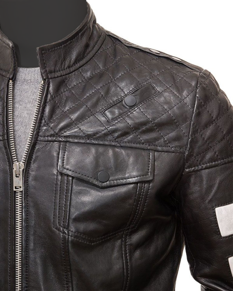 The Vintage Arc Men's Quilted Diamond Stand Collar Black Cafe Racer Retro Biker Leather Jacket For men.