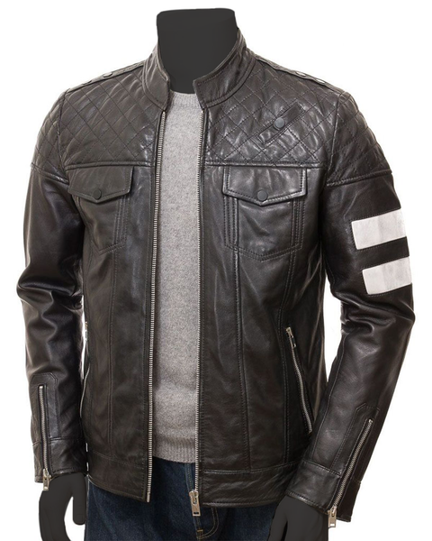 The Vintage Arc Men's Quilted Diamond Stand Collar Black Cafe Racer Retro Biker Leather Jacket For men.