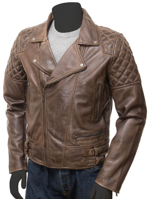 The Vintage Arc Men's Diamond Quilted Style Cross Zip Brando Retro Motorbike Flap Collar Distressed Leather Jacket.