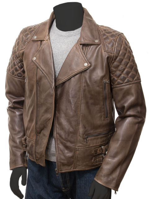 The Vintage Arc Men's Diamond Quilted Style Cross Zip Brando Retro Motorbike Flap Collar Distressed Leather Jacket.