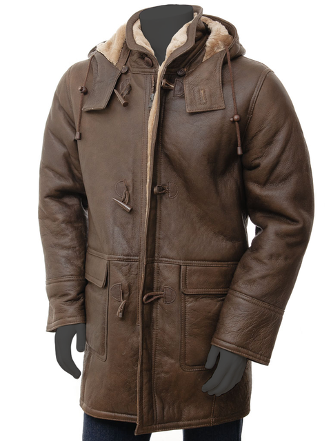 The Vintage Arc Men's Shearling Fur Sheepskin Brown Genuine Leather Warm Duffle Trench Coat for men.