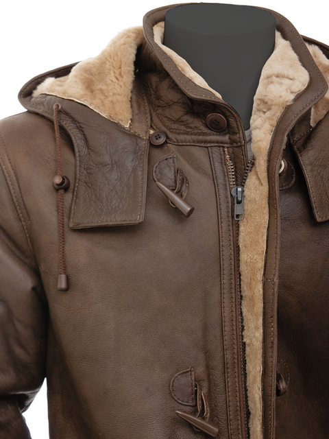 The Vintage Arc Men's Shearling Fur Sheepskin Brown Genuine Leather Warm Duffle Trench Coat for men.