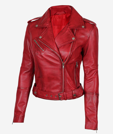 Vintage Arc Women’s Red Biker Leather Jacket |Slim fit Motorcycle Retro Leather Jacket for Women