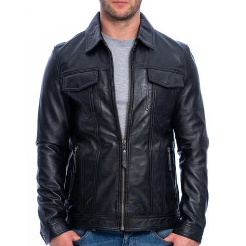 Vintage Arc Men's Vintage Motorcycle Biker Black Genuine Lambskin Leather Jacket With Flap Pockets For men.