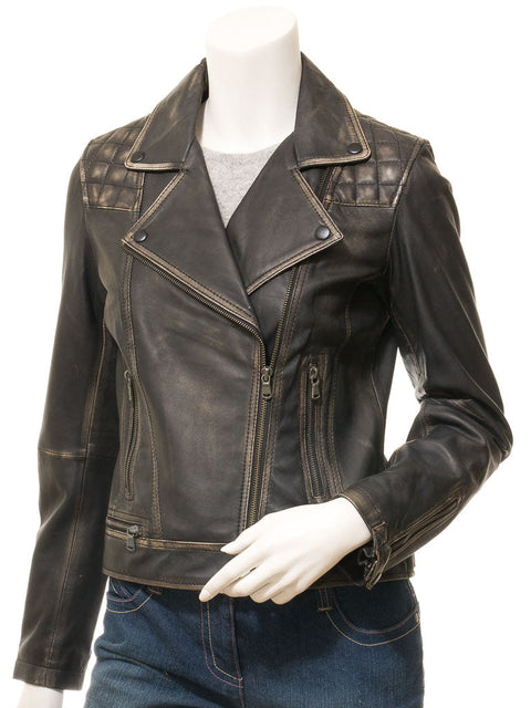 Vintage Arc Women’s Distressed Biker Leather Jacket| Lapel Collar Leather Jacket for Women.