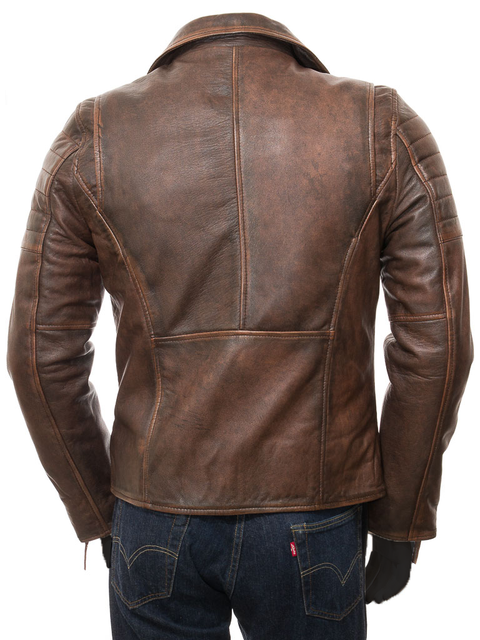 Vintage Arc Men's Vintage Quilted Style Lapel Collar  Motorcycle Biker Distressed Brown Leather Jacket.