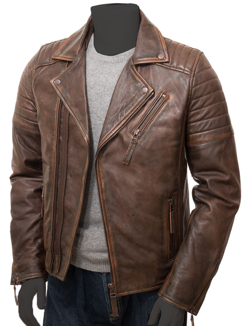 Vintage Arc Men's Vintage Quilted Style Lapel Collar  Motorcycle Biker Distressed Brown Leather Jacket.
