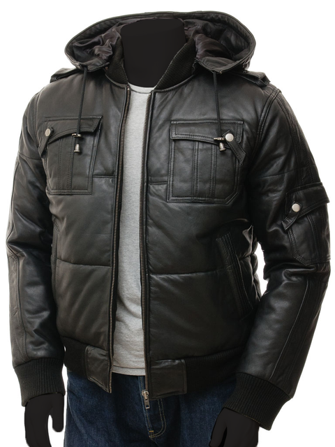 Vintage Arc Men's Black Hooded Bomber Leather Jacket | Real Lambskin Black Leather Jackets for Men with Removable Hood.